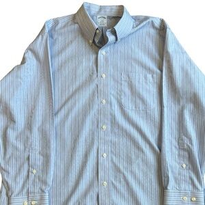 Brooks Brothers Non-Iron Dress Shirt REGENT Blue/Brown Stripe Men's Size 17-2/3
